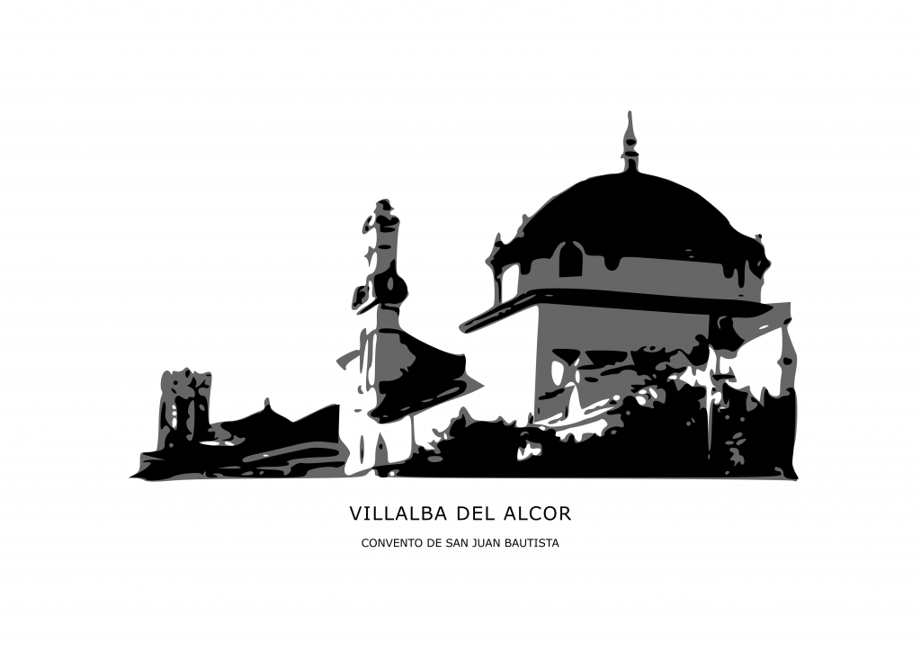 Ilustración del convento carmelita de Villalba del Alcor en tonos grises