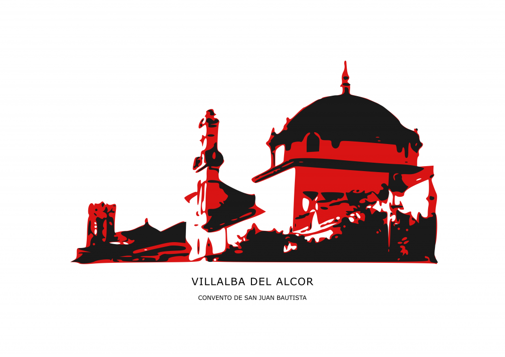 Ilustración convento carmelita de Villalba del Alcor en tonos rojos